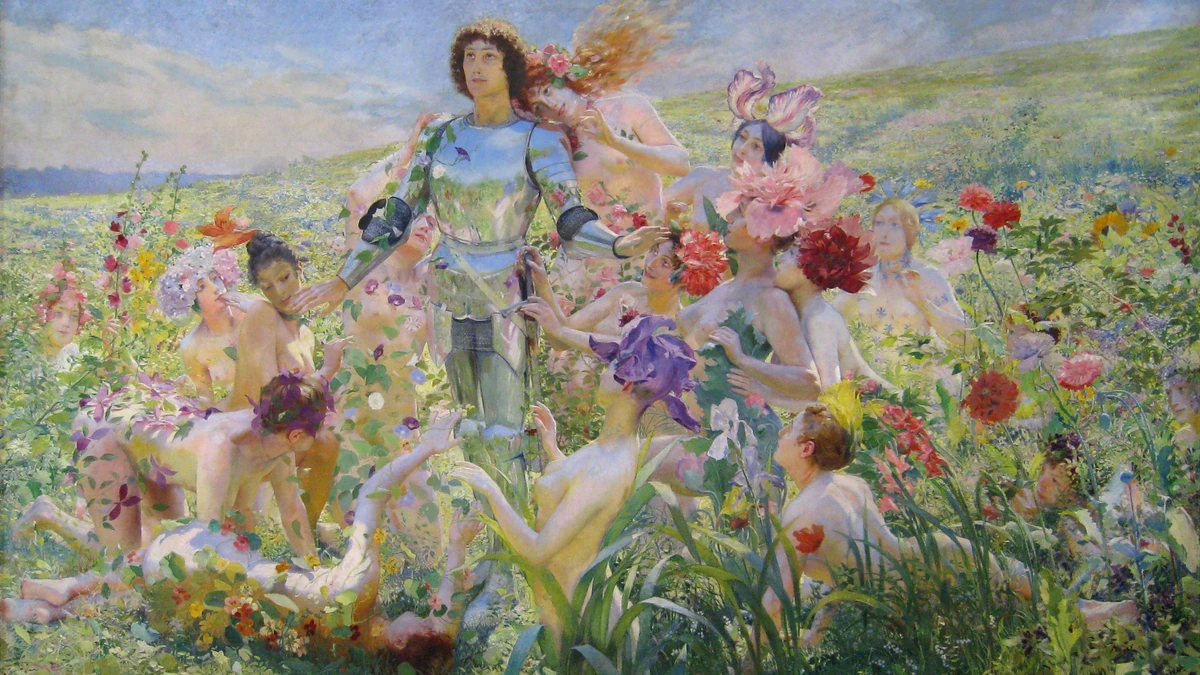 Georges Rochegrosse's The Knight of the Flowers: an armored figure surrounded by flower-crowned figures in a luminous meadow